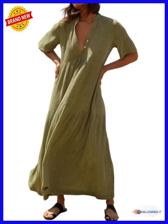 Dresses & Skirts - Cotton Maxi Dress Short Sleeve V-Neck Tiered Ruffle Flowy Casual Summer